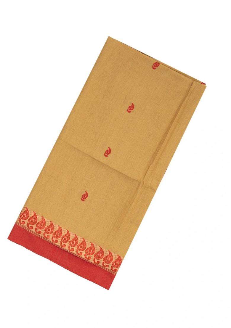 Dark Beige Handloom Bengal Cotton Saree With Mango Motifs With Buttas And Brocade Design For Women - Indya