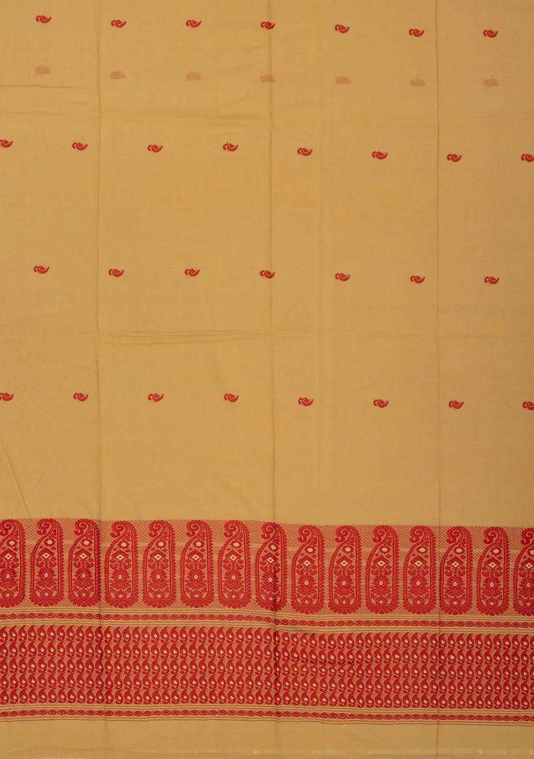 Dark Beige Handloom Bengal Cotton Saree With Mango Motifs With Buttas And Brocade Design For Women - Indya