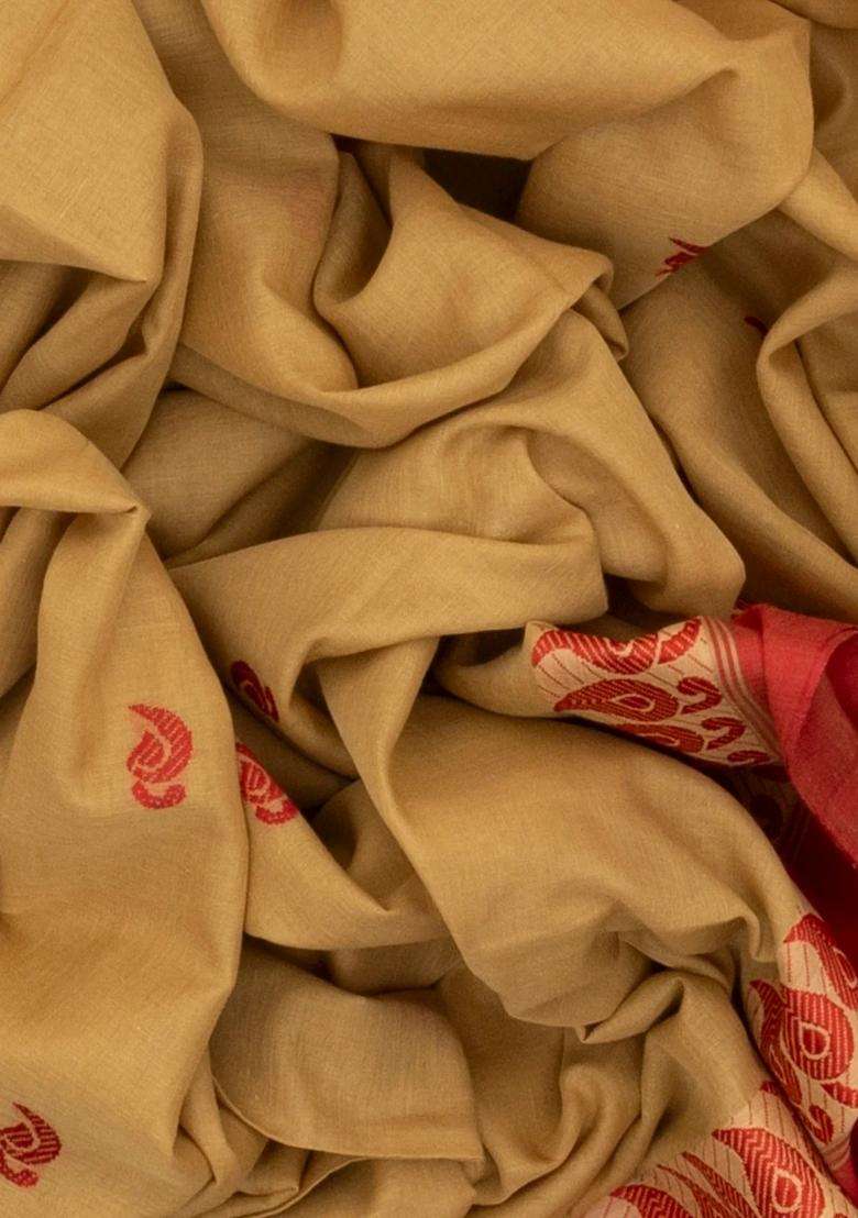 Dark Beige Handloom Bengal Cotton Saree With Mango Motifs With Buttas And Brocade Design For Women - Indya