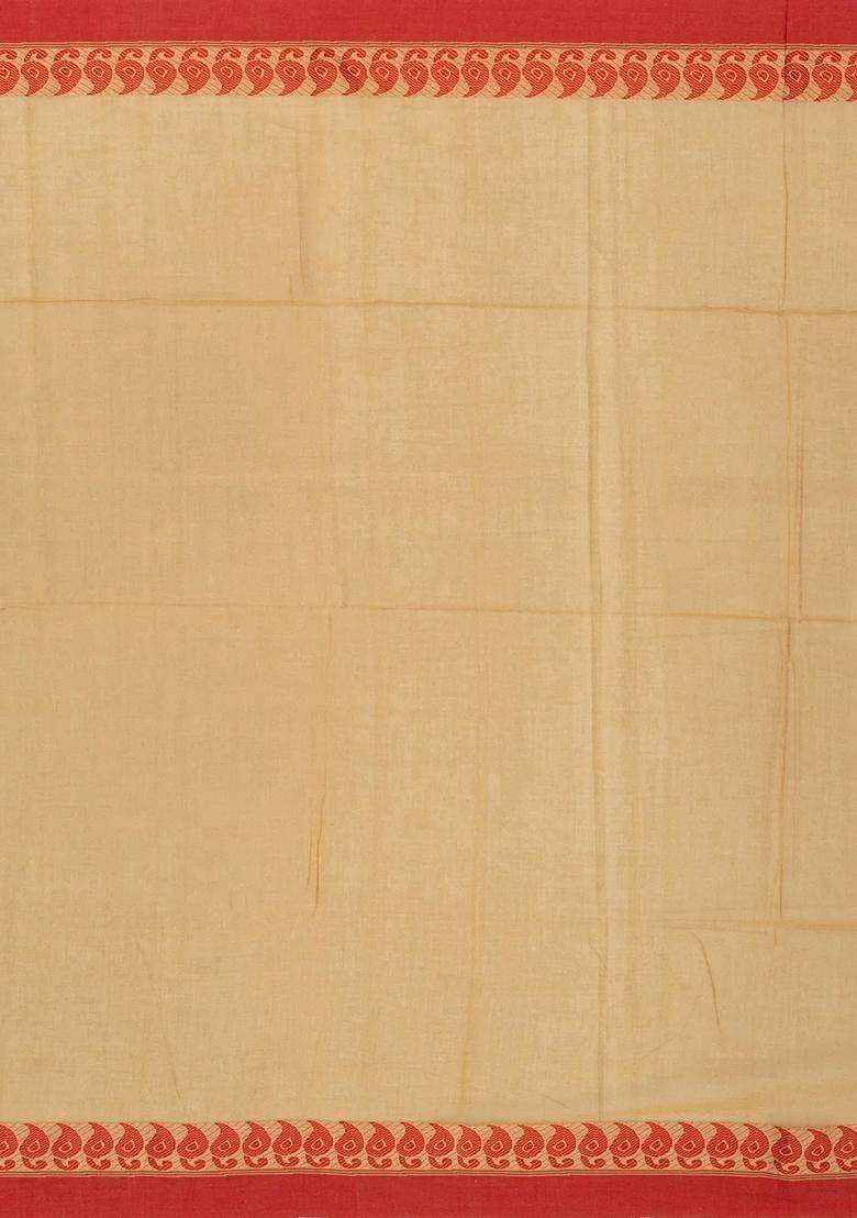 Dark Beige Handloom Bengal Cotton Saree With Mango Motifs With Buttas And Brocade Design For Women - Indya
