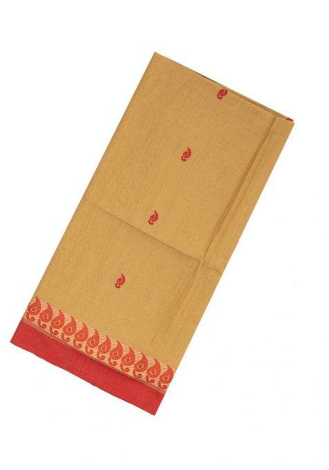 Dark Beige Handloom Bengal Cotton Saree With Mango Motifs With Buttas And Brocade Design For Women
