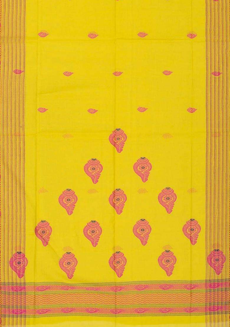 Lime Yellow Lemon Yellow Handloom Bengal Cotton Saree With Conch Buttas With Buttas And Brocade Design For Women - Indya