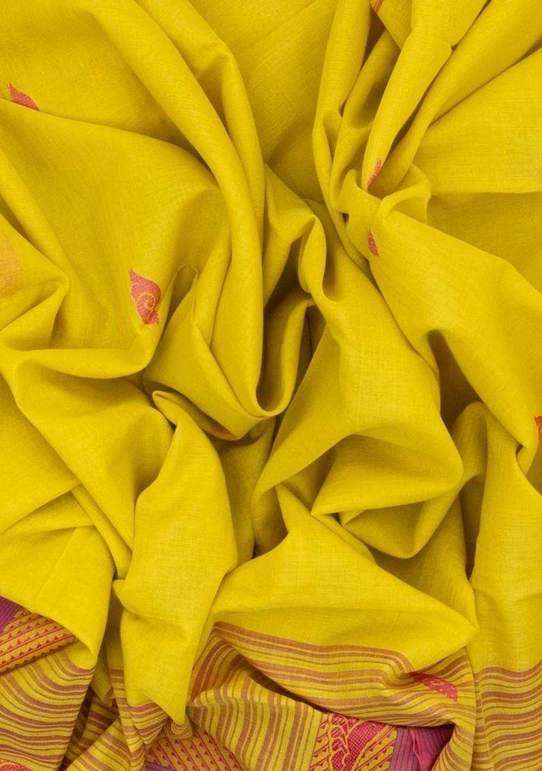 Lime Yellow Lemon Yellow Handloom Bengal Cotton Saree With Conch Buttas With Buttas And Brocade Design For Women - Indya