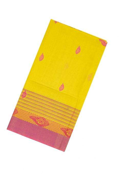 Lime Yellow Lemon Yellow Handloom Bengal Cotton Saree With Conch Buttas With Buttas And Brocade Design For Women