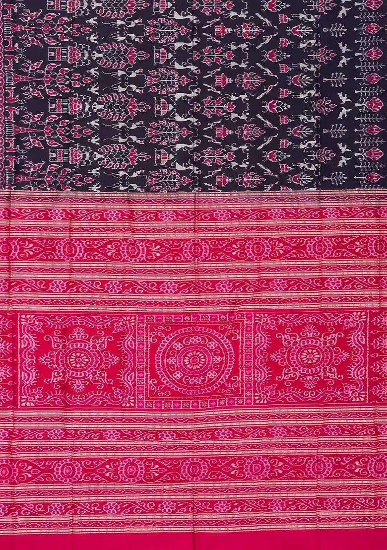 Black Handloom Orissa Silk Saree With Tie Dye Tribal Motifs With Printed Design For Women - Indya