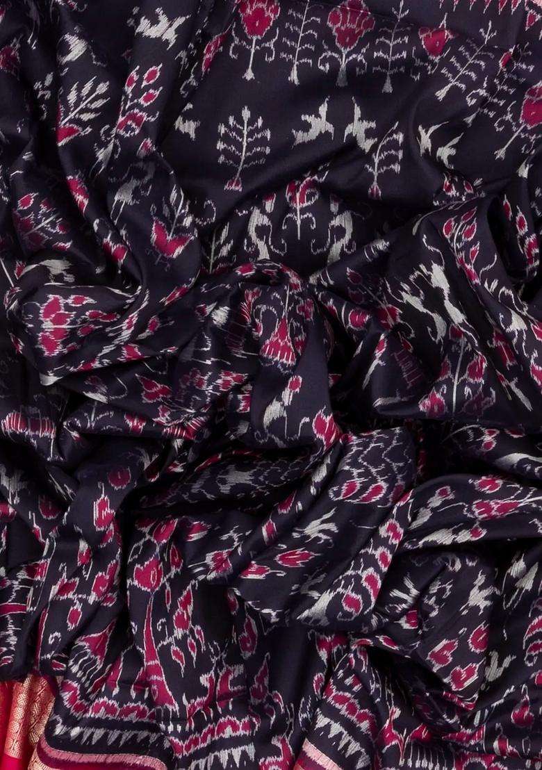 Black Handloom Orissa Silk Saree With Tie Dye Tribal Motifs With Printed Design For Women - Indya
