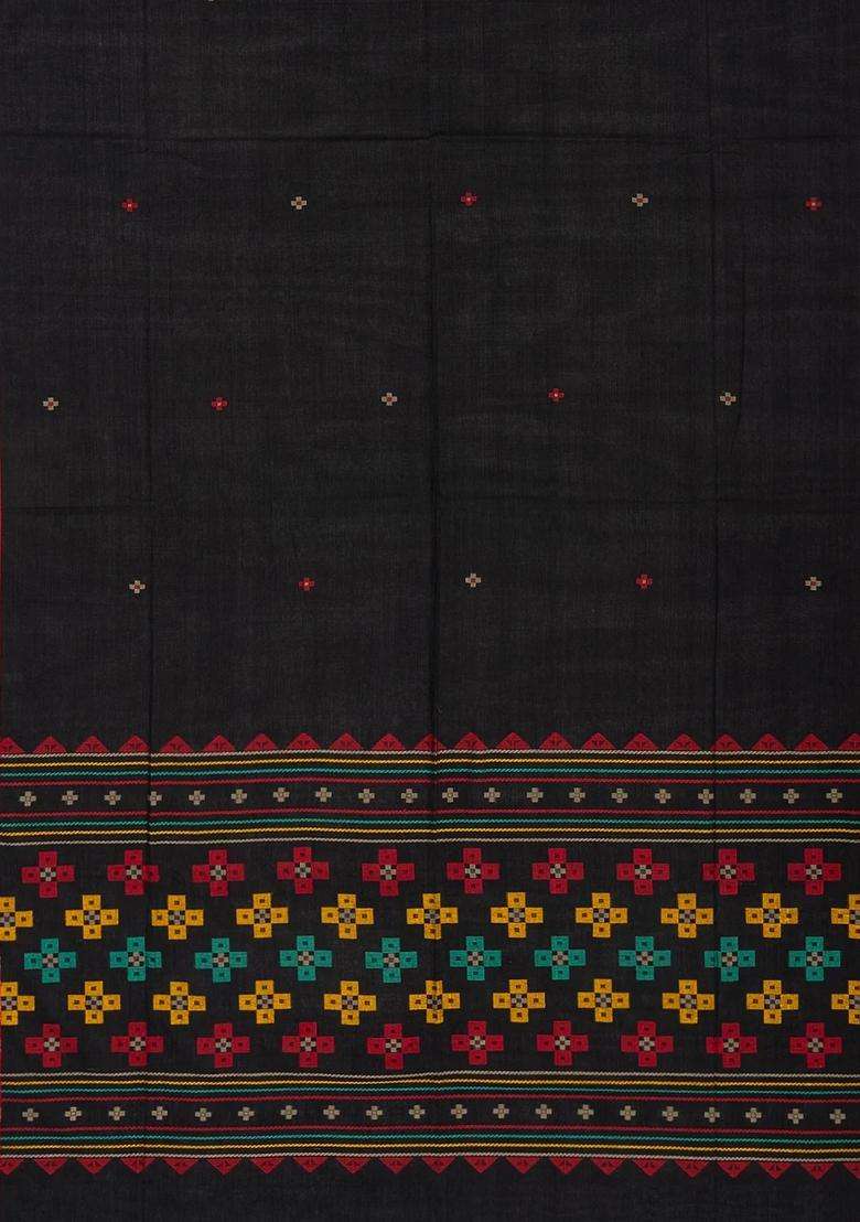 Black Handloom Bengal Cotton Saree With Plus Motifs With Buttas And Brocade Design For Women - Indya