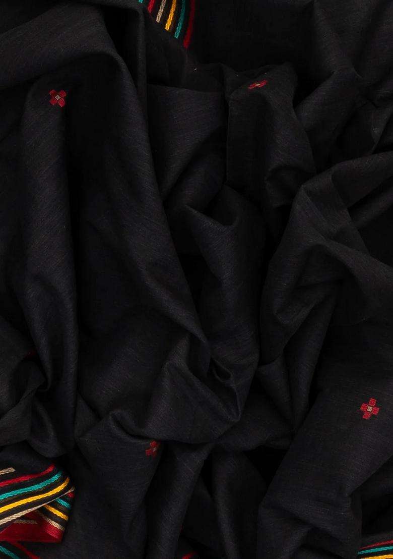 Black Handloom Bengal Cotton Saree With Plus Motifs With Buttas And Brocade Design For Women - Indya