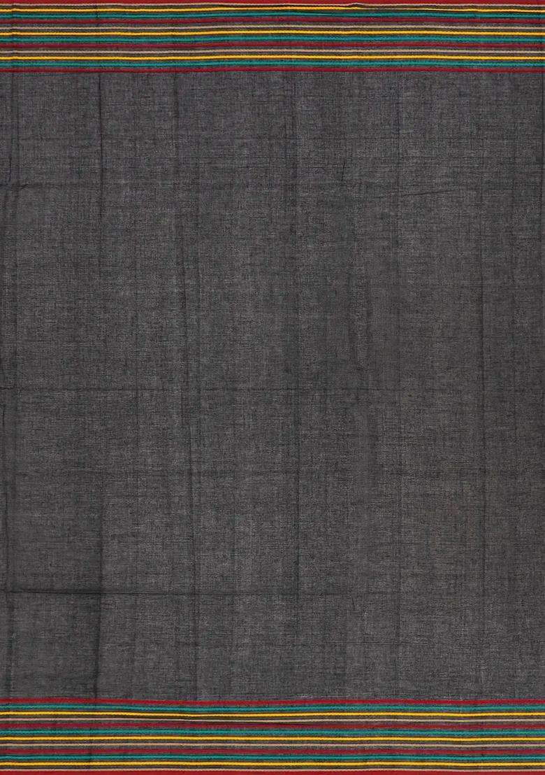 Black Handloom Bengal Cotton Saree With Plus Motifs With Buttas And Brocade Design For Women - Indya