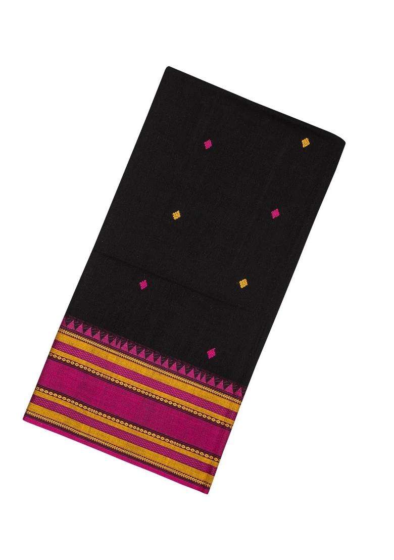 Black Handloom Bengal Cotton Saree With Floral Buttas With Buttas And Brocade Design For Women - Indya
