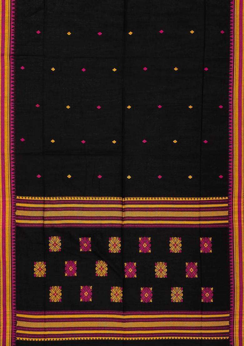 Black Handloom Bengal Cotton Saree With Floral Buttas With Buttas And Brocade Design For Women - Indya