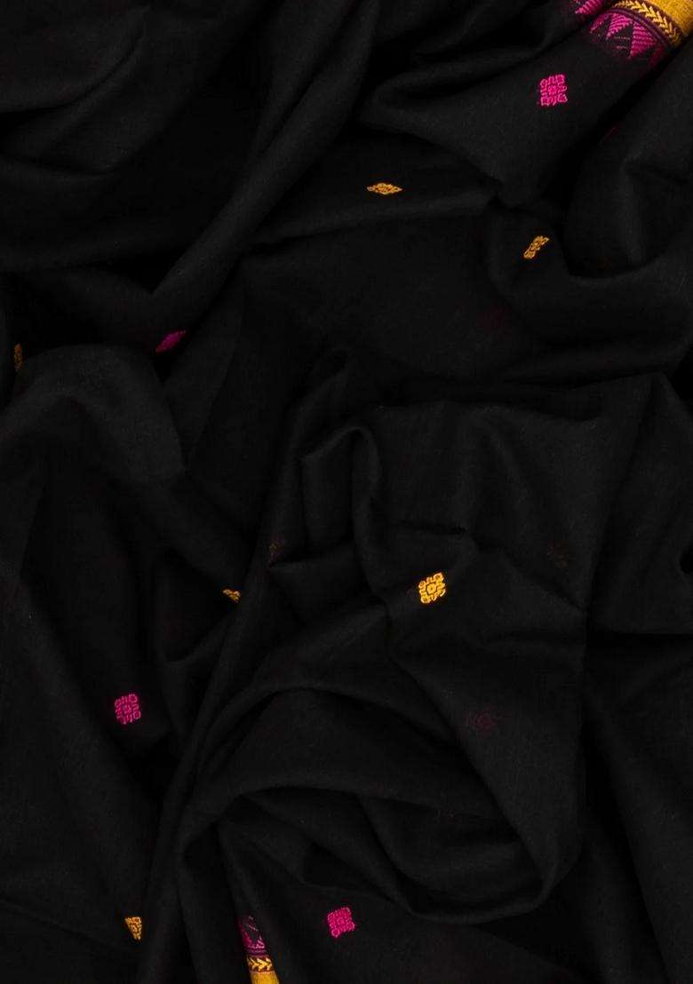 Black Handloom Bengal Cotton Saree With Floral Buttas With Buttas And Brocade Design For Women - Indya
