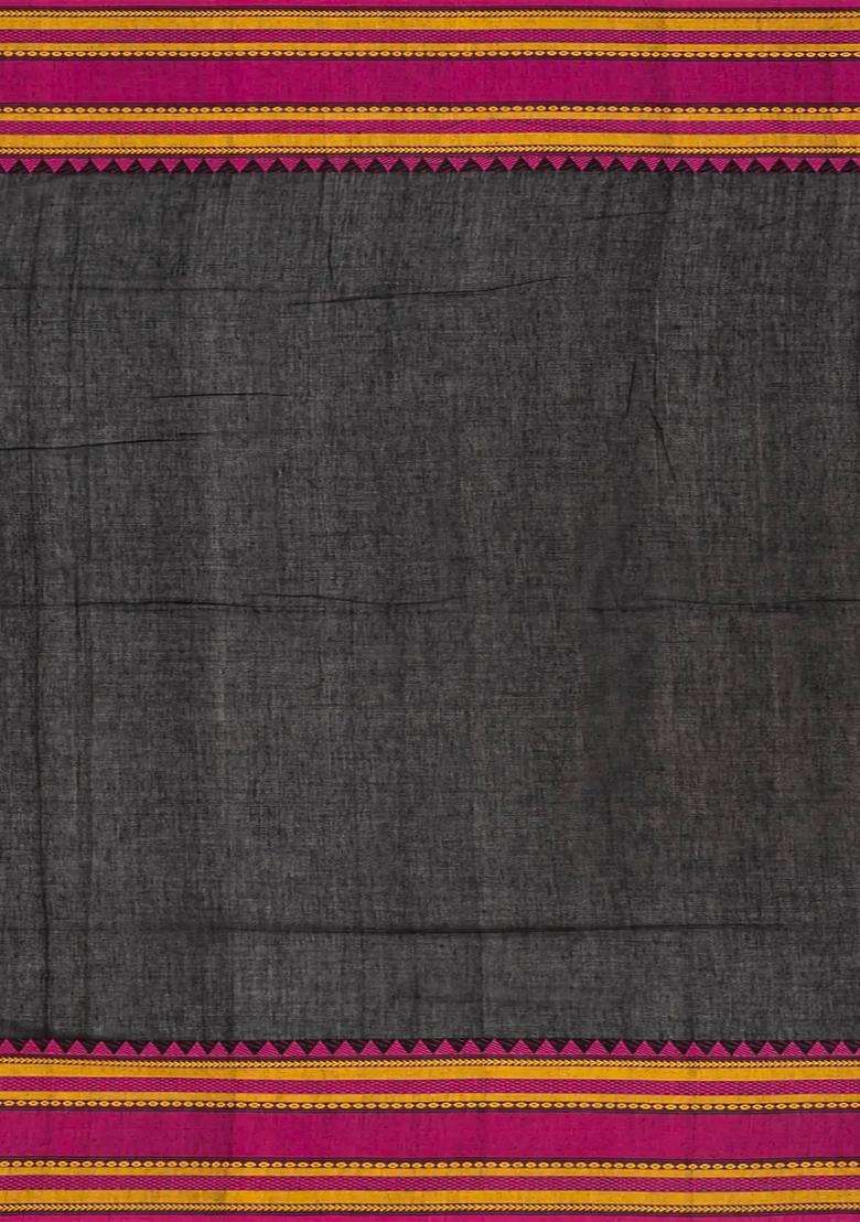 Black Handloom Bengal Cotton Saree With Floral Buttas With Buttas And Brocade Design For Women - Indya