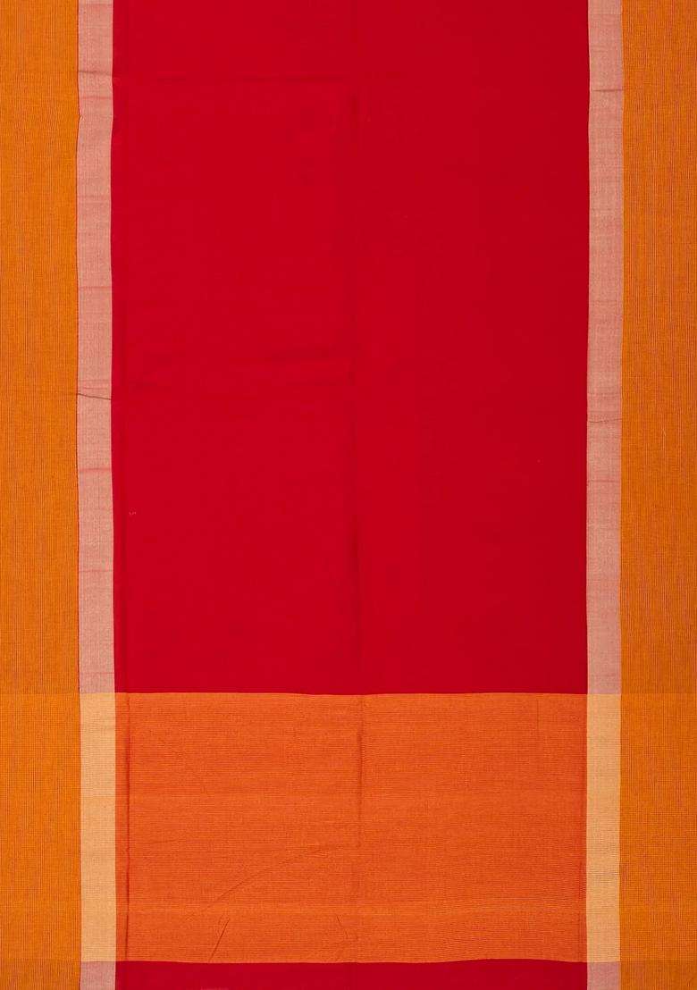 Red Handloom Bengal Cotton Saree With Checked Border With Checks And Stripes Design For Women - Indya