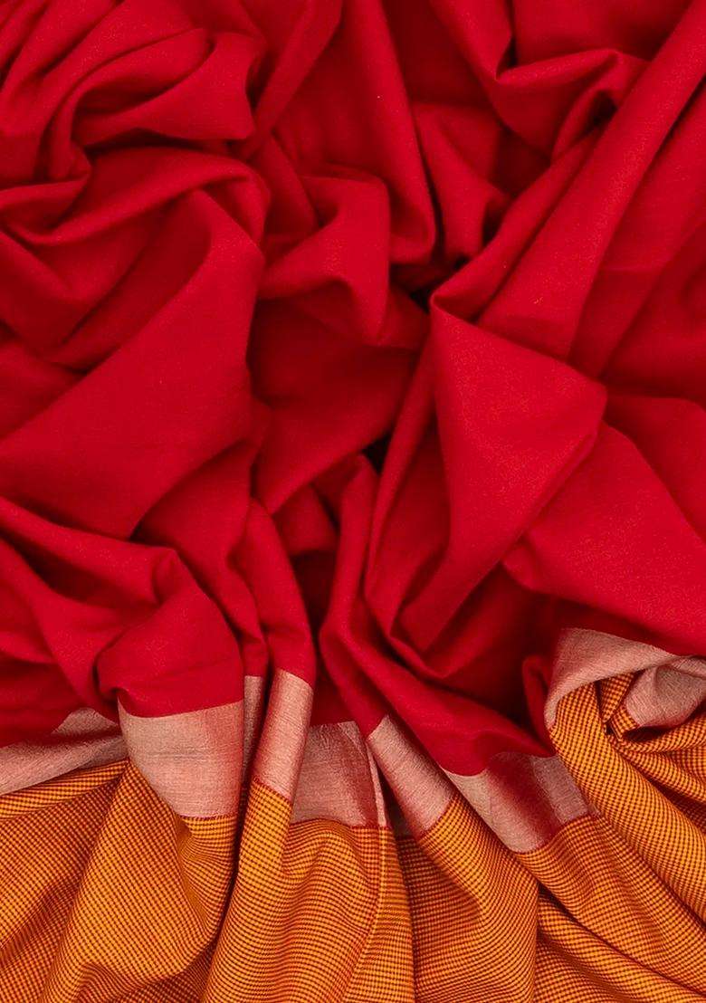 Red Handloom Bengal Cotton Saree With Checked Border With Checks And Stripes Design For Women - Indya