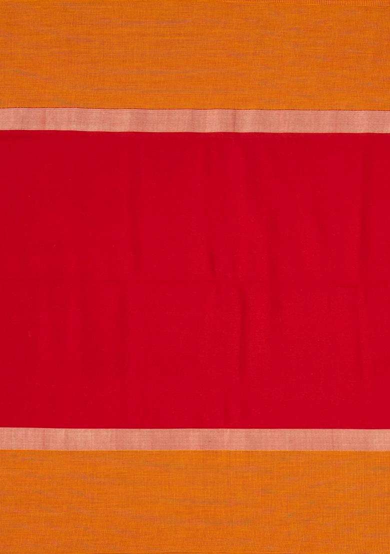 Red Handloom Bengal Cotton Saree With Checked Border With Checks And Stripes Design For Women - Indya