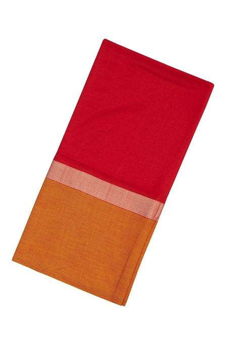 Red Handloom Bengal Cotton Saree With Checked Border With Checks And Stripes Design For Women