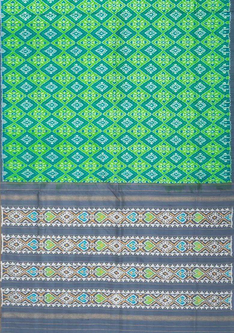 Neon Green Handloom Pochampally Ikat Silk Saree With Tie Dye Motifs With Printed Design For Women - Indya