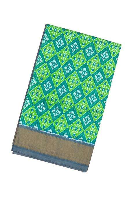 Neon Green Handloom Pochampally Ikat Silk Saree With Tie Dye Motifs With Printed Design For Women