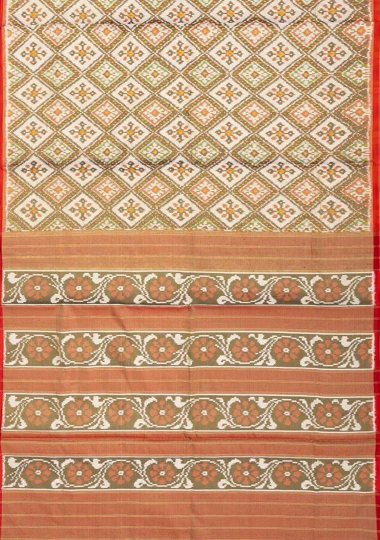 Cardamom Green Handloom Pochampally Ikat Silk Saree With Tie Dye Motifs With Printed Design For Women - Indya