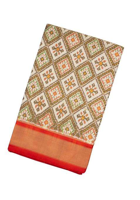 Cardamom Green Handloom Pochampally Ikat Silk Saree With Tie Dye Motifs With Printed Design For Women