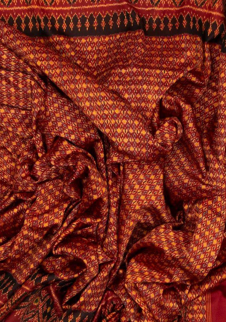 Crimson Handloom Pochampally Ikat Silk Saree With Tie Dye Floral Motifs With Printed Design For Women - Indya