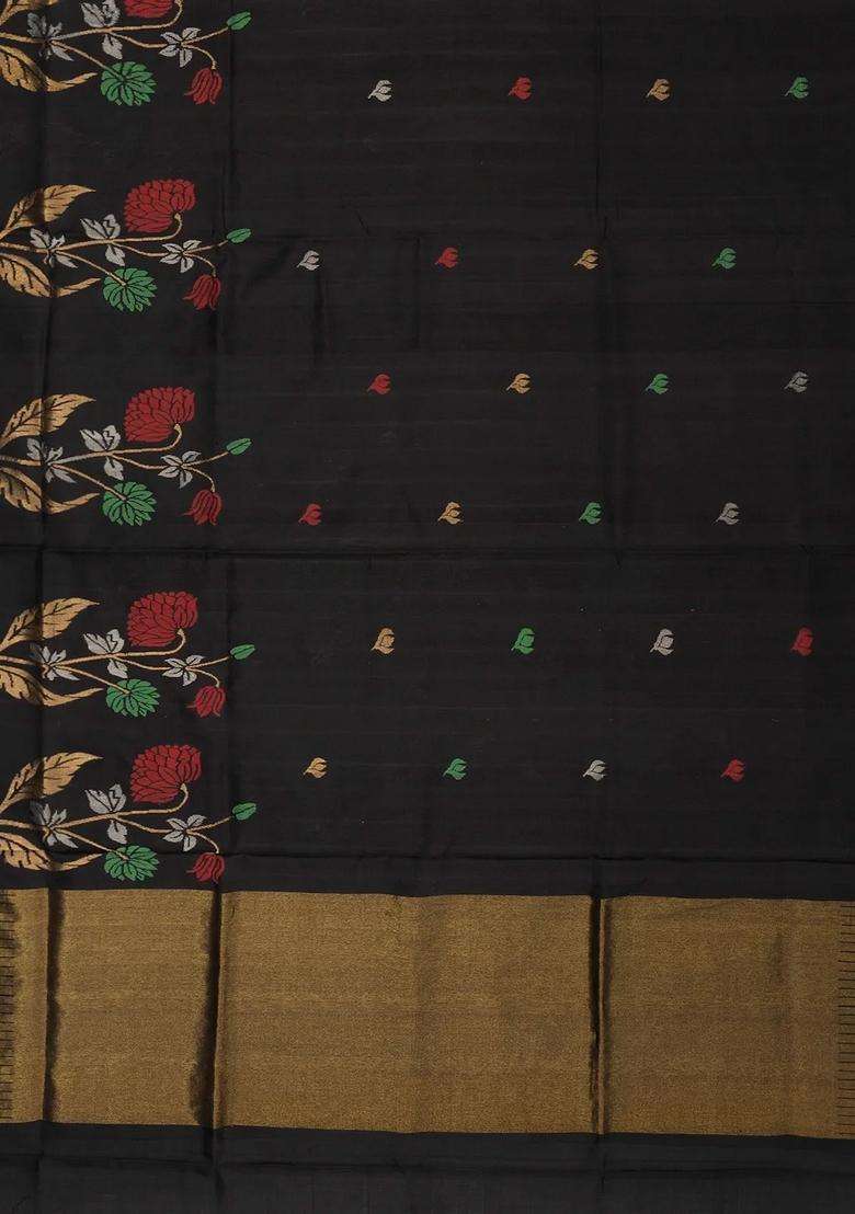 Black Handloom Uppada Silk Saree With Floral Motifs With Buttas And Brocade Design For Women - Indya