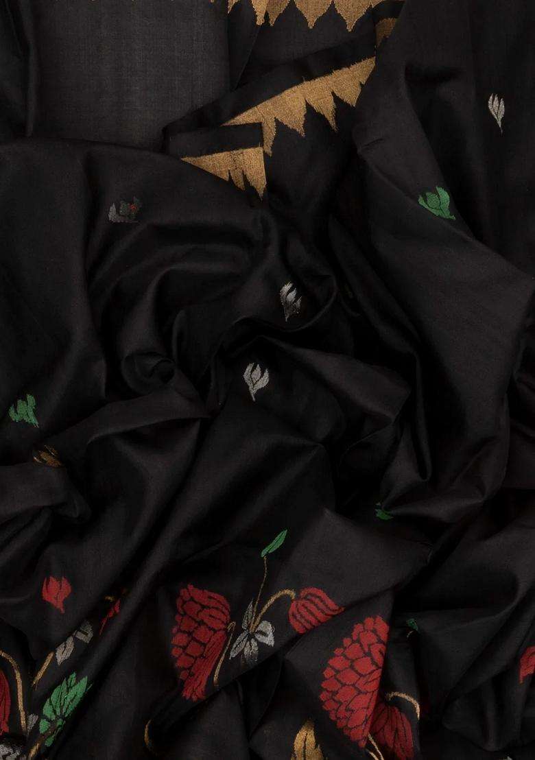 Black Handloom Uppada Silk Saree With Floral Motifs With Buttas And Brocade Design For Women - Indya