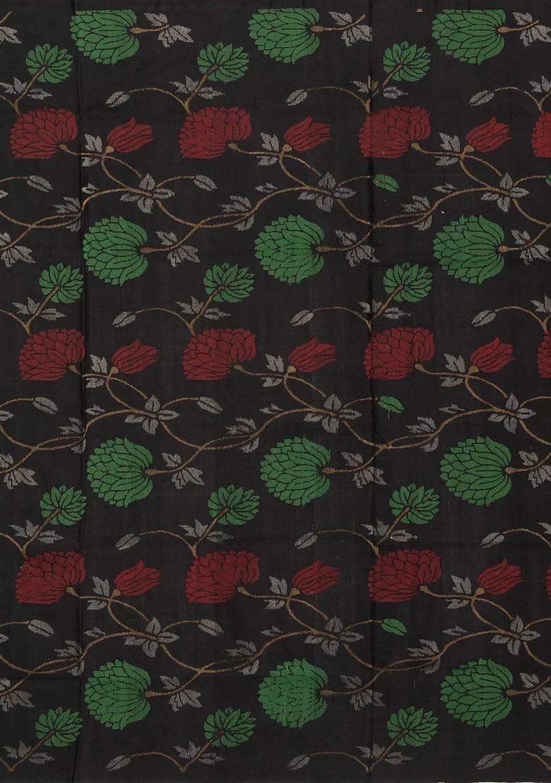 Black Handloom Uppada Silk Saree With Floral Motifs With Buttas And Brocade Design For Women - Indya