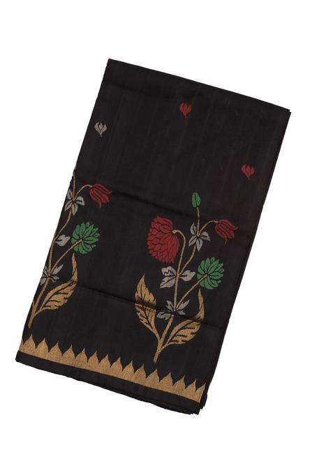 Black Handloom Uppada Silk Saree With Floral Motifs With Buttas And Brocade Design For Women