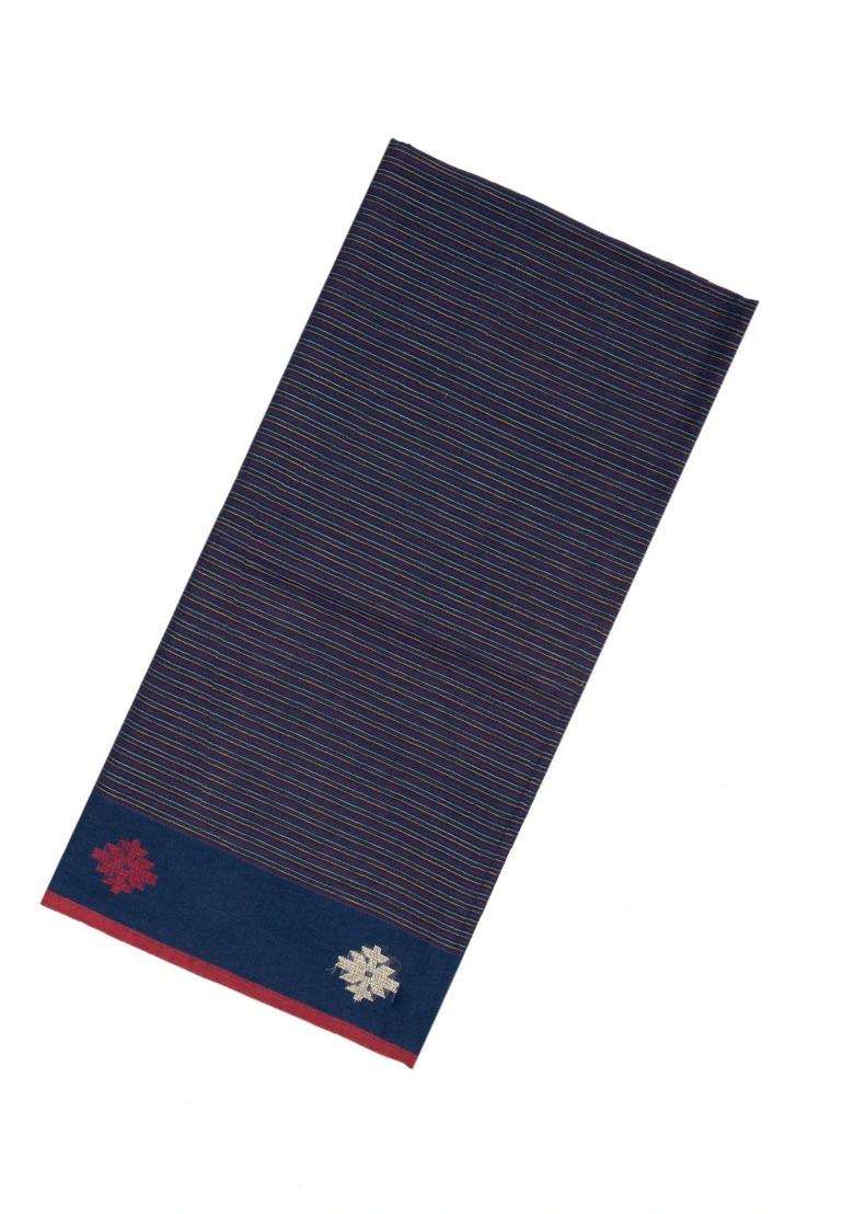 Navy Blue Handloom Bengal Cotton Saree With Stripes With Checks And Stripes Design For Women - Indya