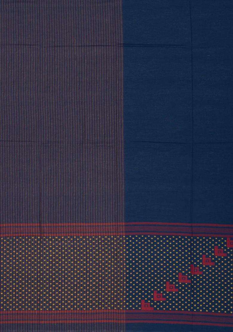 Navy Blue Handloom Bengal Cotton Saree With Stripes With Checks And Stripes Design For Women - Indya