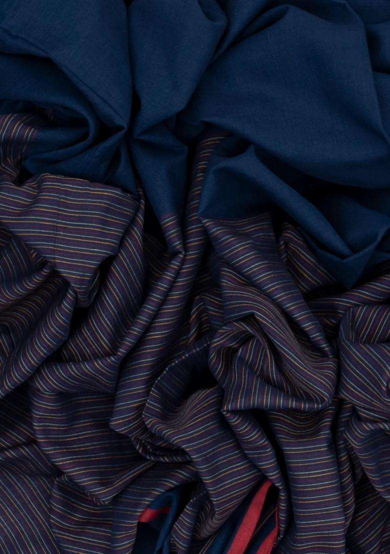 Navy Blue Handloom Bengal Cotton Saree With Stripes With Checks And Stripes Design For Women - Indya