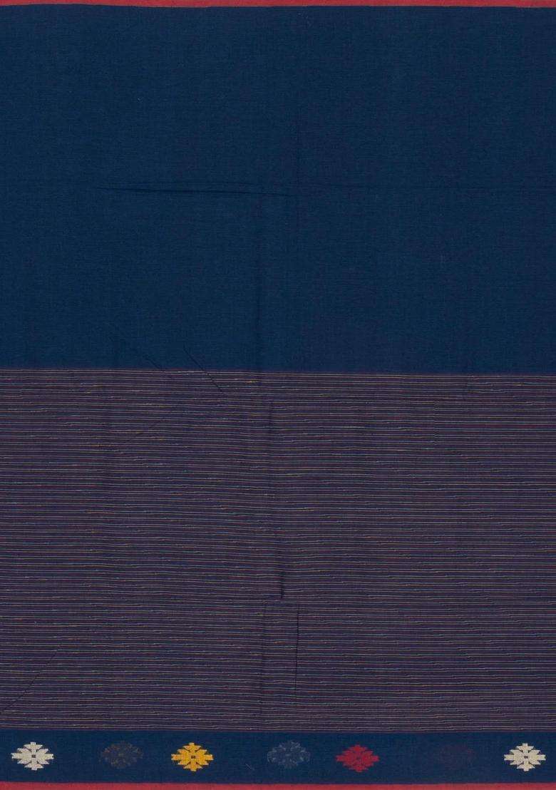 Navy Blue Handloom Bengal Cotton Saree With Stripes With Checks And Stripes Design For Women - Indya