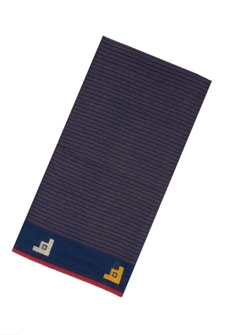 Navy Blue Handloom Bengal Cotton Saree With Stripes With Checks And Stripes Design For Women - Indya