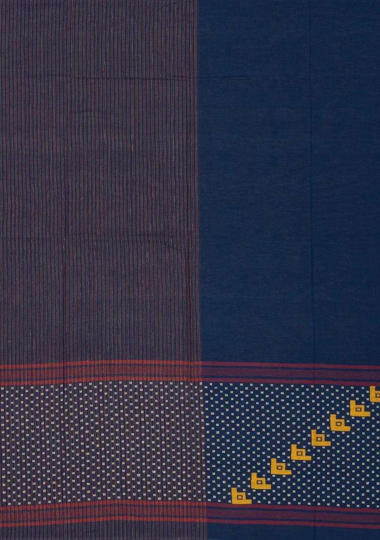 Navy Blue Handloom Bengal Cotton Saree With Stripes With Checks And Stripes Design For Women - Indya
