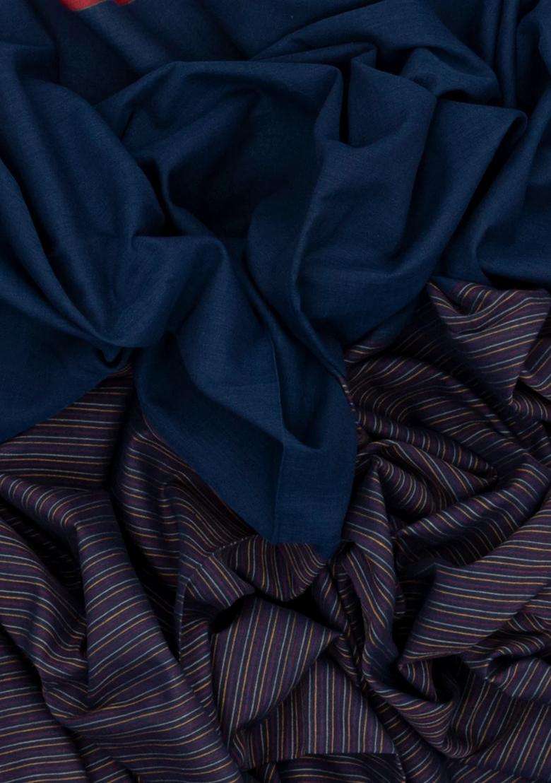 Navy Blue Handloom Bengal Cotton Saree With Stripes With Checks And Stripes Design For Women - Indya