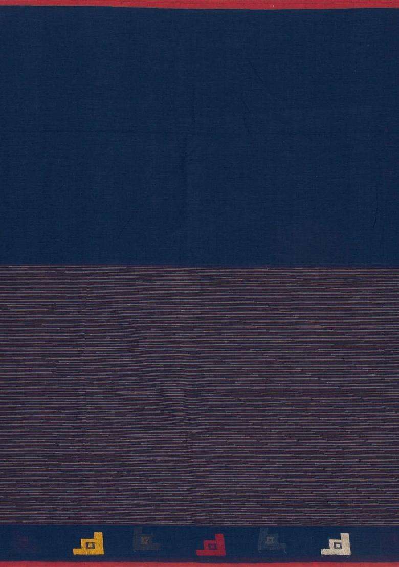 Navy Blue Handloom Bengal Cotton Saree With Stripes With Checks And Stripes Design For Women - Indya