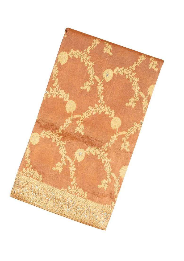 Peach Woven Tissue Saree With Brocaded Embroidery Floral Motifs With Embroidered Design For Women - Indya