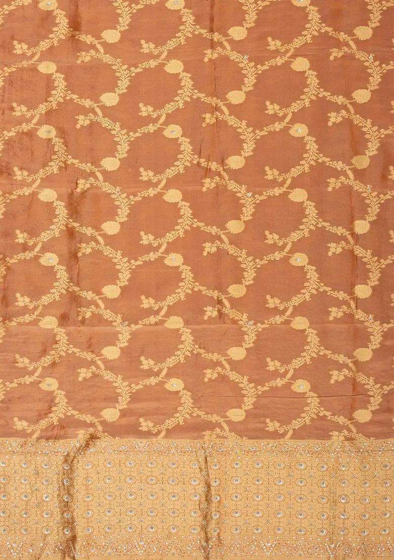 Peach Woven Tissue Saree With Brocaded Embroidery Floral Motifs With Embroidered Design For Women - Indya