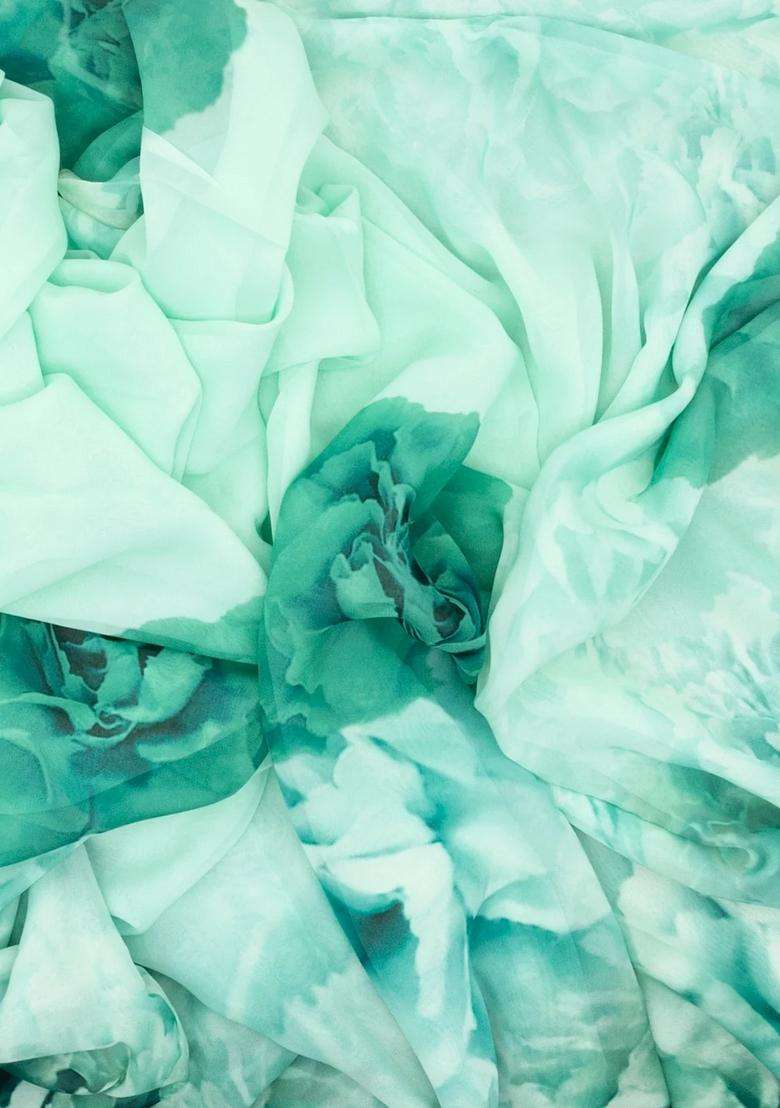 Aquamarine Woven Georgette Saree With Printed Abstract Floral Motifs For Women - Indya