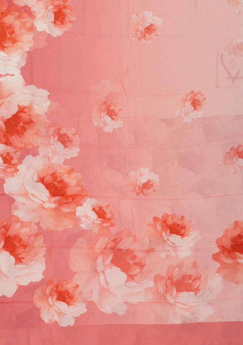 Peach Woven Georgette Saree With Printed Abstract Floral Motifs For Women - Indya