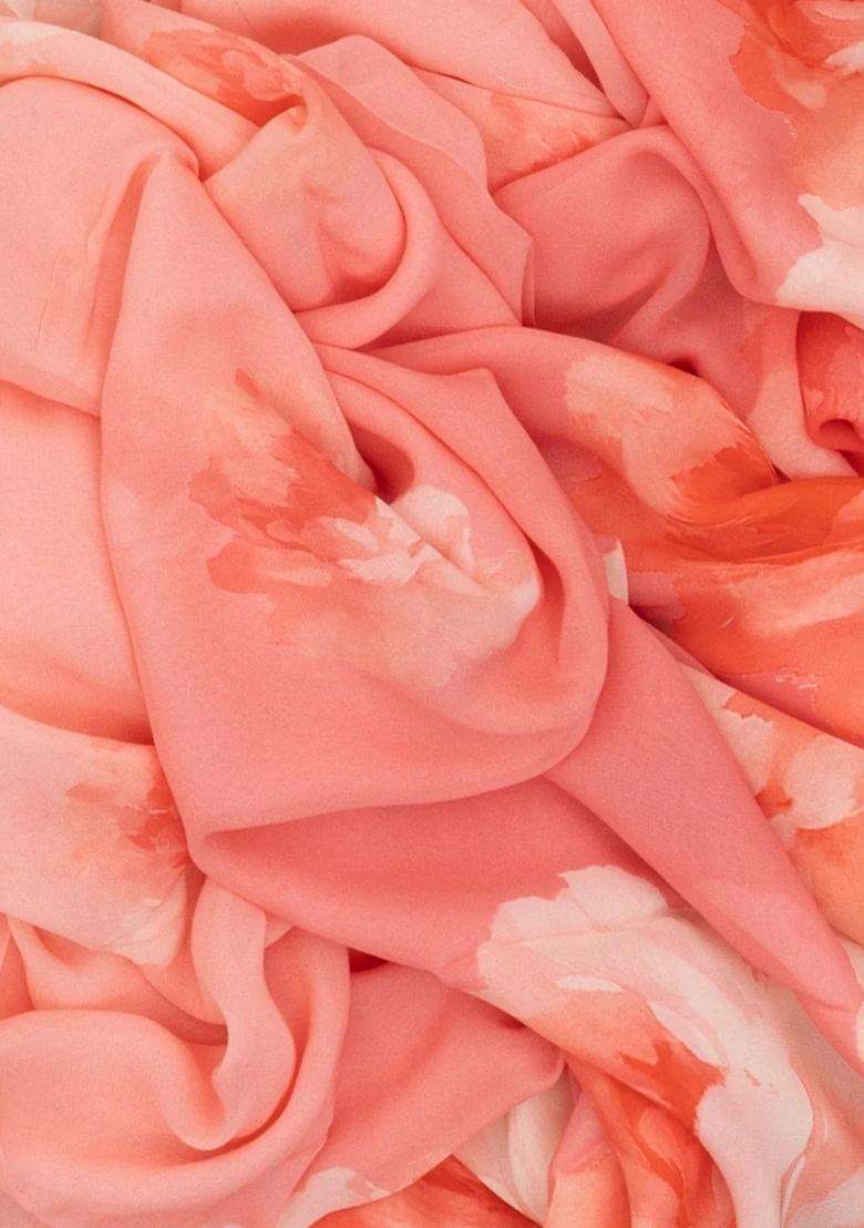 Peach Woven Georgette Saree With Printed Abstract Floral Motifs For Women - Indya