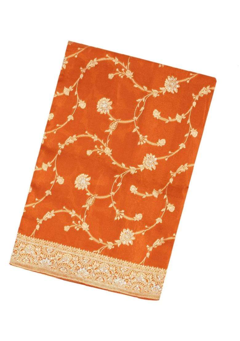 Rust Woven Crepe Saree With Brocaded Embroidery Floral Motifs With Embroidered Design For Women - Indya