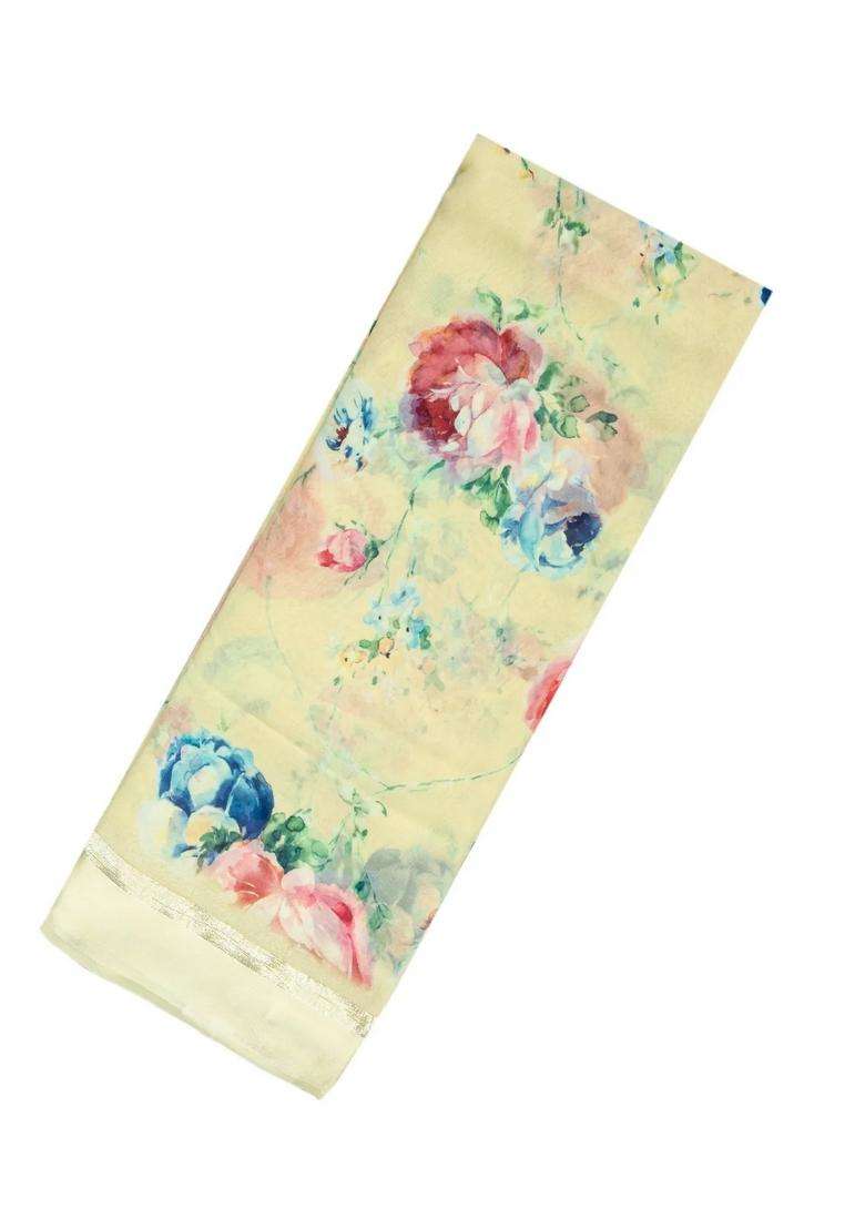 Light Yellow Woven Georgette Saree With Printed Floral Motifs For Women - Indya
