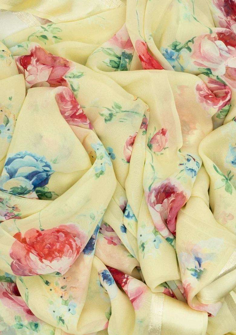Light Yellow Woven Georgette Saree With Printed Floral Motifs For Women - Indya