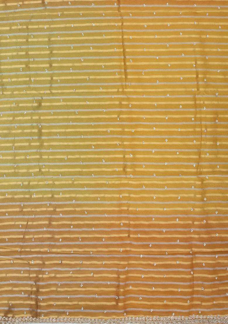 Mustard Woven Organza Tissue Saree With Brocaded Stripes Embroidery With Embroidered Design For Women - Indya