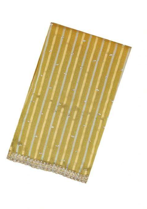 Mustard Woven Organza Tissue Saree With Brocaded Stripes Embroidery With Embroidered Design For Women