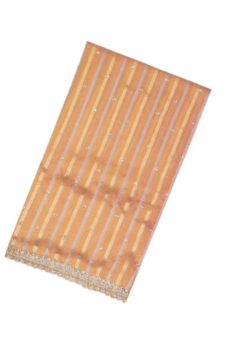 Peach Woven Organza Tissue Saree With Brocaded Stripes Embroidery With Embroidered Design For Women - Indya