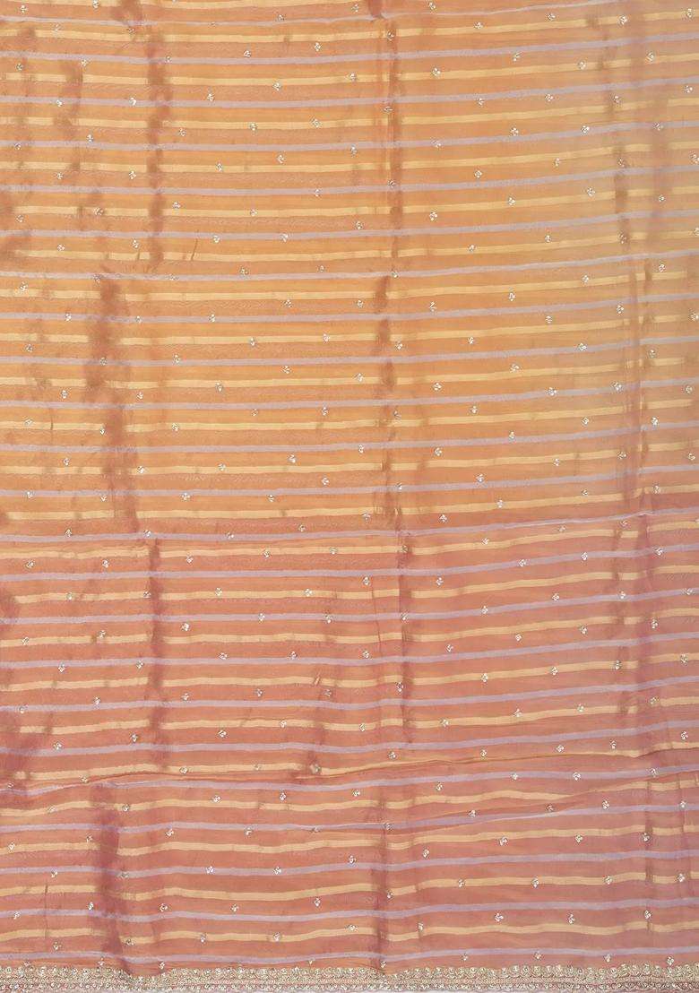 Peach Woven Organza Tissue Saree With Brocaded Stripes Embroidery With Embroidered Design For Women - Indya